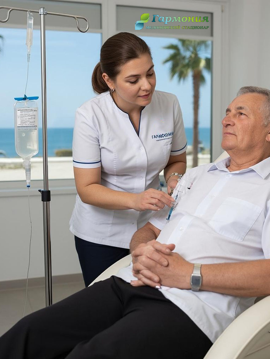 Врач и пациент с капельницей на фоне берега Алматы