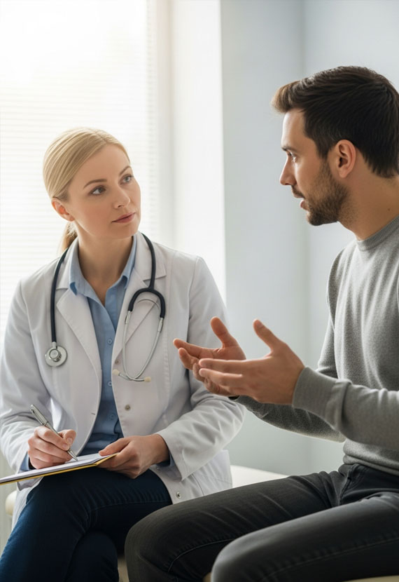 Психотерапевт консультирует пациента в клинике