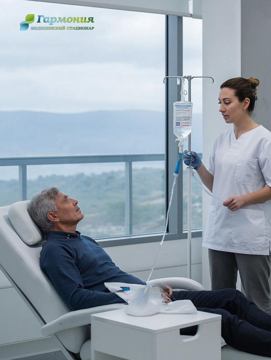 Врач и пациент с капельницей на фоне берега Алматы