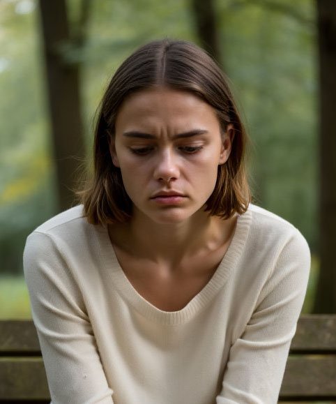 Девушка сидит на лавочке в лесу